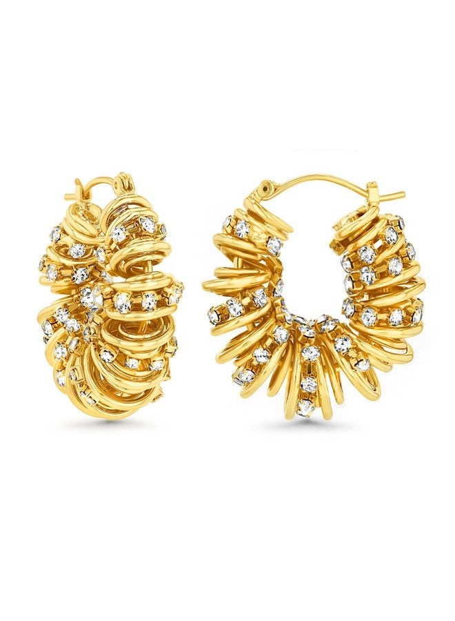 SNGIA 18K Gold Plated Chunky Curve Twisted Open Hoop Statement Stud Earrings with CZ for Women by SNGIA, Large Handmade Spiral Texture Braided Formal Trendy Hoop Jewelry Gifts, Big Circle Geometric Shell Beachy Vacation Fashion Hanging Earrings Accessories, Vintage Retro Thick Bohemian Nickle Free Circular Sun Dangle Earrings. - Image 1